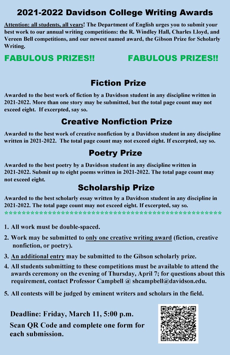 DavidsonENG's tweet image. Remember to submit work for The Davidson College Writing Awards by Friday, March 11, at 5:00 p.m! Be sure to log on with your Davidson login information. Here is the link to the submission form: docs.google.com/forms/d/e/1FAI…