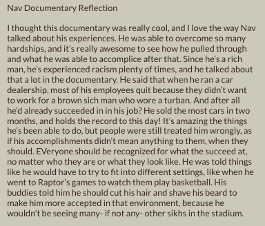 CHPSLibrary's tweet photo. #HDSBeSuperFan 
We watched Superfan: The Nav Bhatia Story. Our students took time to reflect about Nav's story and then wrote about their thoughts. We continue to be Superfans of The Superfan! 2/2
@superfan_nav @ChpsMilton #studentvoice @HDSBEquity https://t.co/Hi30Jv3V9W