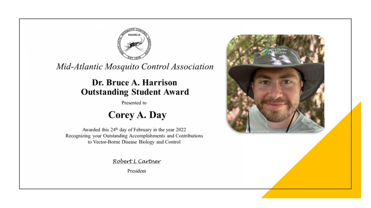 epp_tn's tweet photo. Ph.D. student Corey Day has received the Dr. Bruce A. Harrison Outstanding Student Award from the Mid-Atlantic Mosquito Control Association (#MAMCA). Corey would like to thank his former advisor, Dr. Brian Bryd, and his current advisor, @DrVectorBio, for their guidance! Congrats! https://t.co/cip2RZ6EpZ