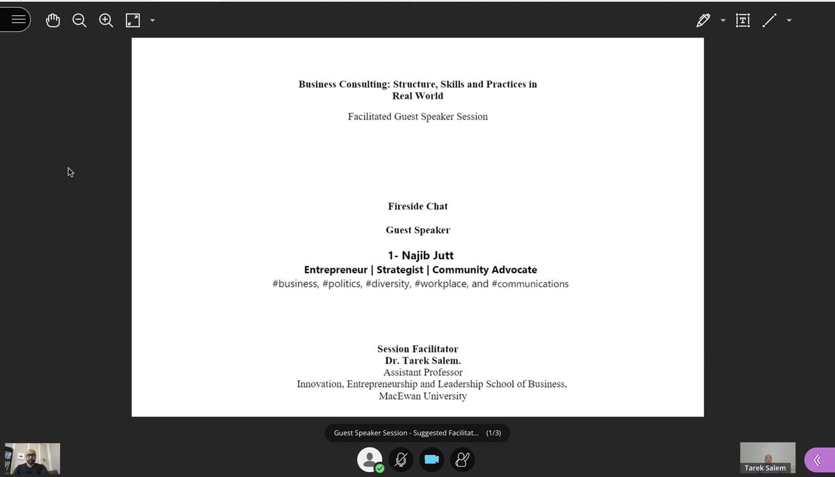 <a href="/NajibJutt/">Najib Jutt</a> speaks w/ Dr. Tarek Salem’s Business Consulting class at <a href="/MacEwanU/">MacEwan University</a>. Guiding future consultants thru the process of establishing a SOW, managing expectations, a generalist vs specialist approach, futureproofing for AI/ML and other considerations for a fulfilling career.