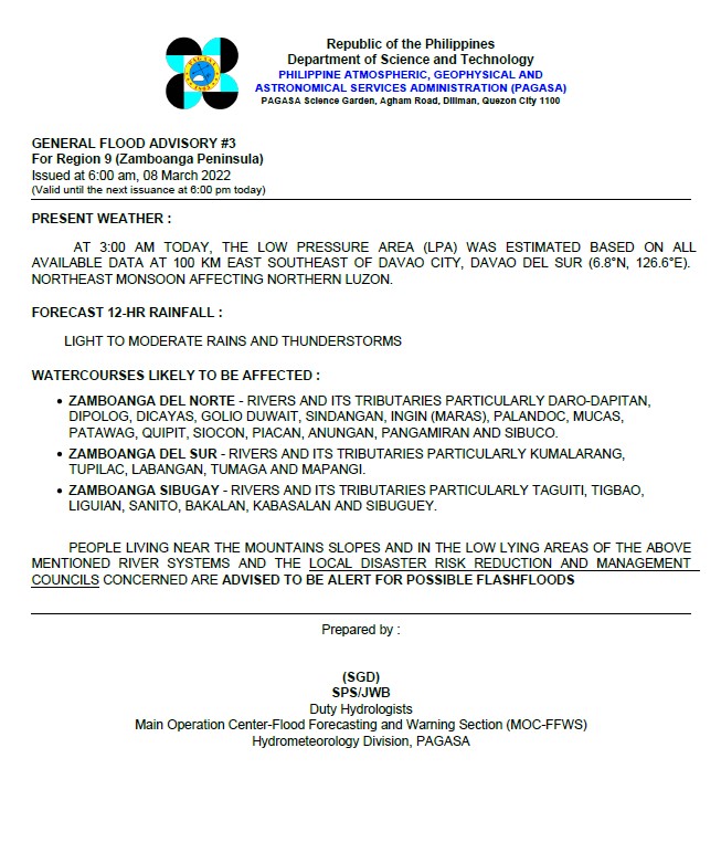 dost_pagasa's tweet photo. General Flood Advisories (GFAs) 
Issued @ 6AM, 08 March 2022
Region 8 (Eastern Visayas) - #GFA5
Region 9 (Zamboanga Peninsula) - #GFA3
Region 10 (Northern Mindanao) - #GFA4 https://t.co/VczMFnm52O