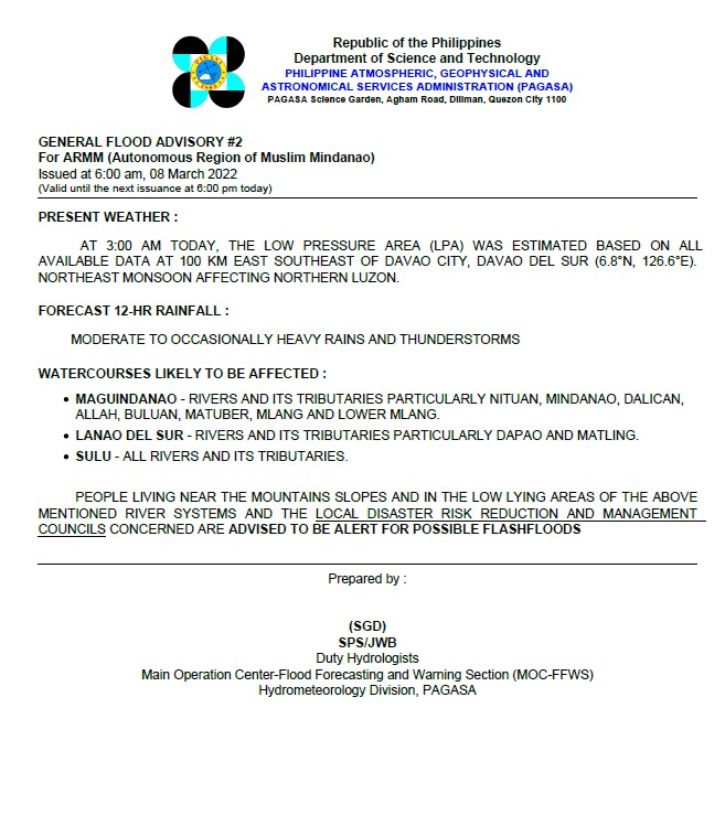 dost_pagasa's tweet photo. General Flood Advisories (GFAs) 
Issued @ 6AM, 08 March 2022
Region 12 (SOCCKSARGEN) - #GFA2
Region 13 (CARAGA) - #GFA7
BARMM - #GFA2 https://t.co/oea7i1tITT