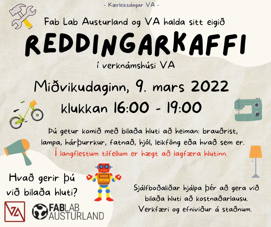 Við verðum ekki bara með klinktorg heldur verður reddingarkaffi á sama tíma í verknámshúsinu, milli 16 og 19 á miðvikudaginn. Öll velkomin!
#vaskólinnokkar #kærleiksdagar #reddingarkaffi