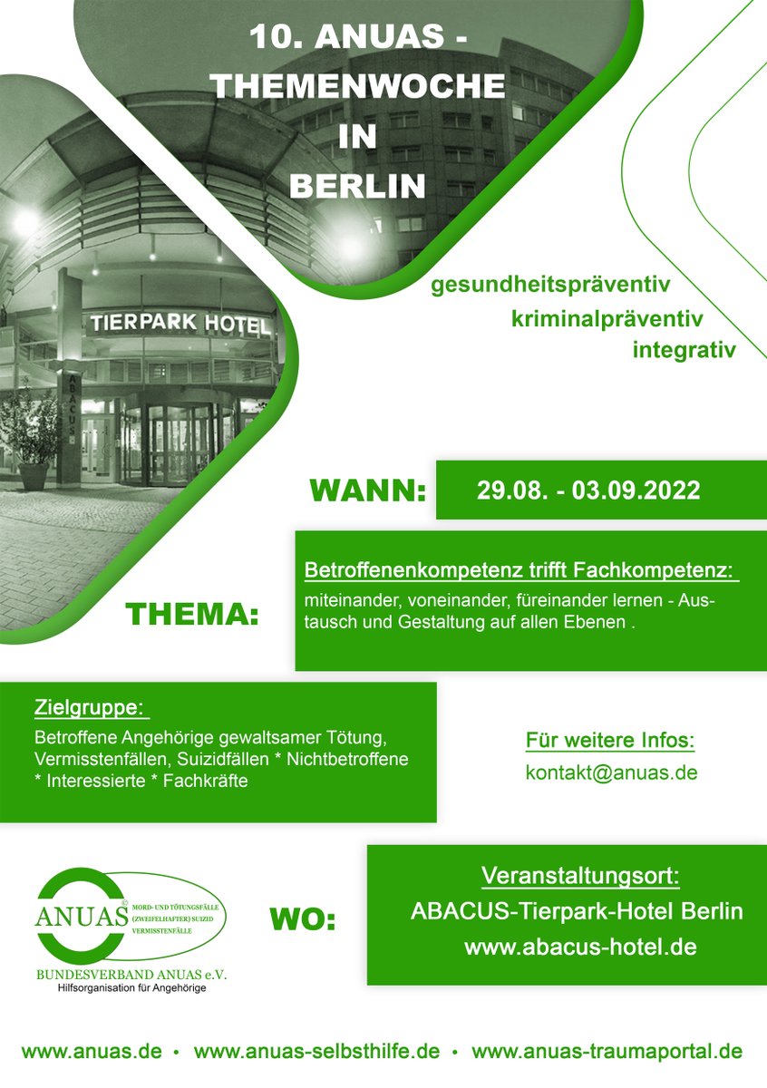 BVANUASeV's tweet photo. Die traditionelle bundesweite ANUAS-Themenwoche findet zum 10. Mal in Berlin statt. Thema der Themenwoche: Betroffenenkompetenz trifft Fachkompetenz - voneinander * miteinander * füreinander lernen! https://t.co/XjR8f66DTt