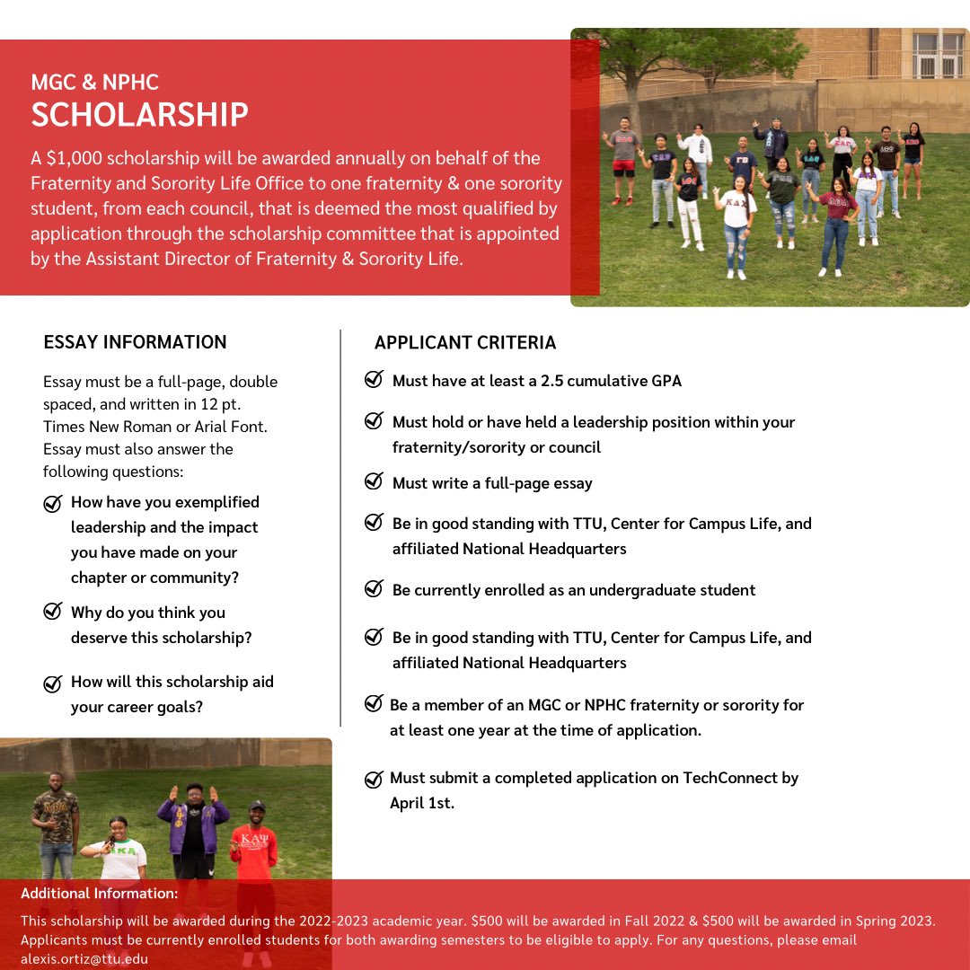 TTU_FSL's tweet photo. MGC and NPHC Scholarships are now open! The link for the applications can be found in our bio. A $1,000 scholarship will be awarded annually on behalf of the Fraternity and Sorority Life Office to one fraternity member &amp; one sorority member from each council! (1/2) https://t.co/qB8sMTvV7p