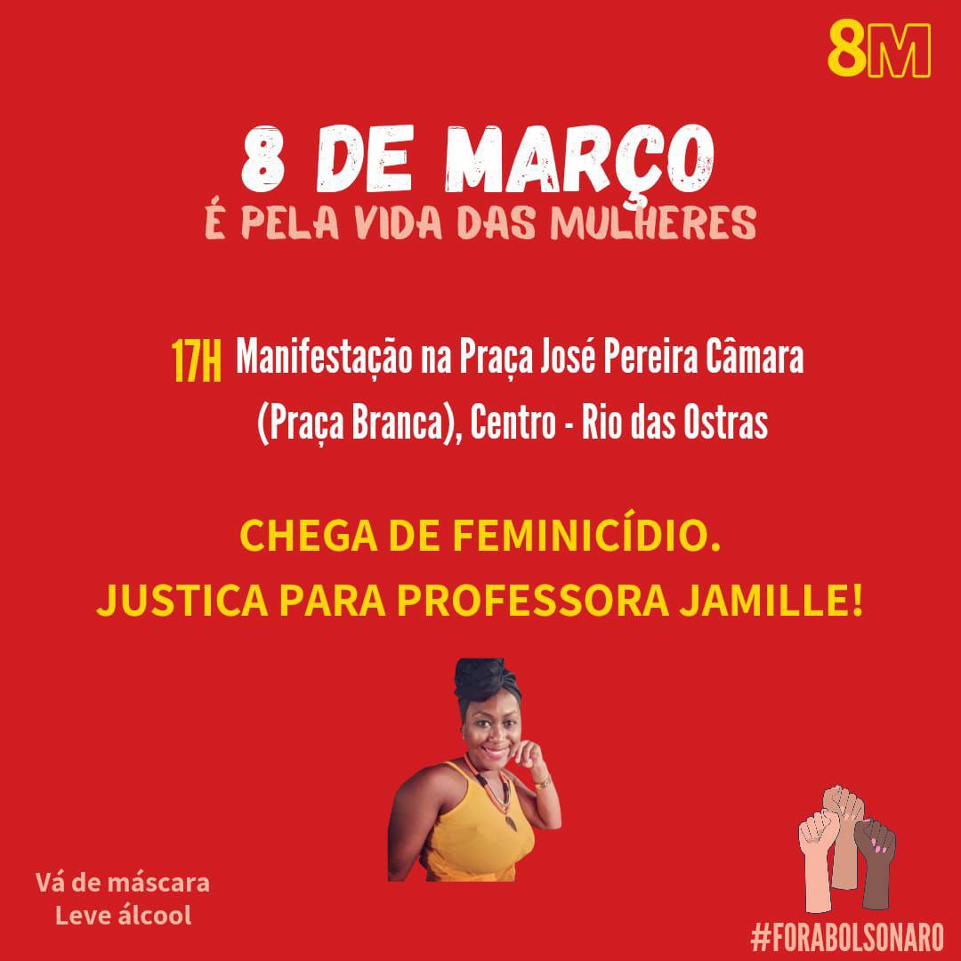 UJCpopular's tweet photo. 📢 8 DE MARÇO: É PELA VIDA DAS MULHERES. CHEGA DE FEMINICÍDIO! 📢

No dia 8 de março estaremos na Praça José Pereira Câmara, no centro de Rio das Ostras às 17 horas para denunciar o feminicídio cometido contra a professora Jamille, exigir justiça e denunciar todo tipo de + https://t.co/THAPvIMvaX