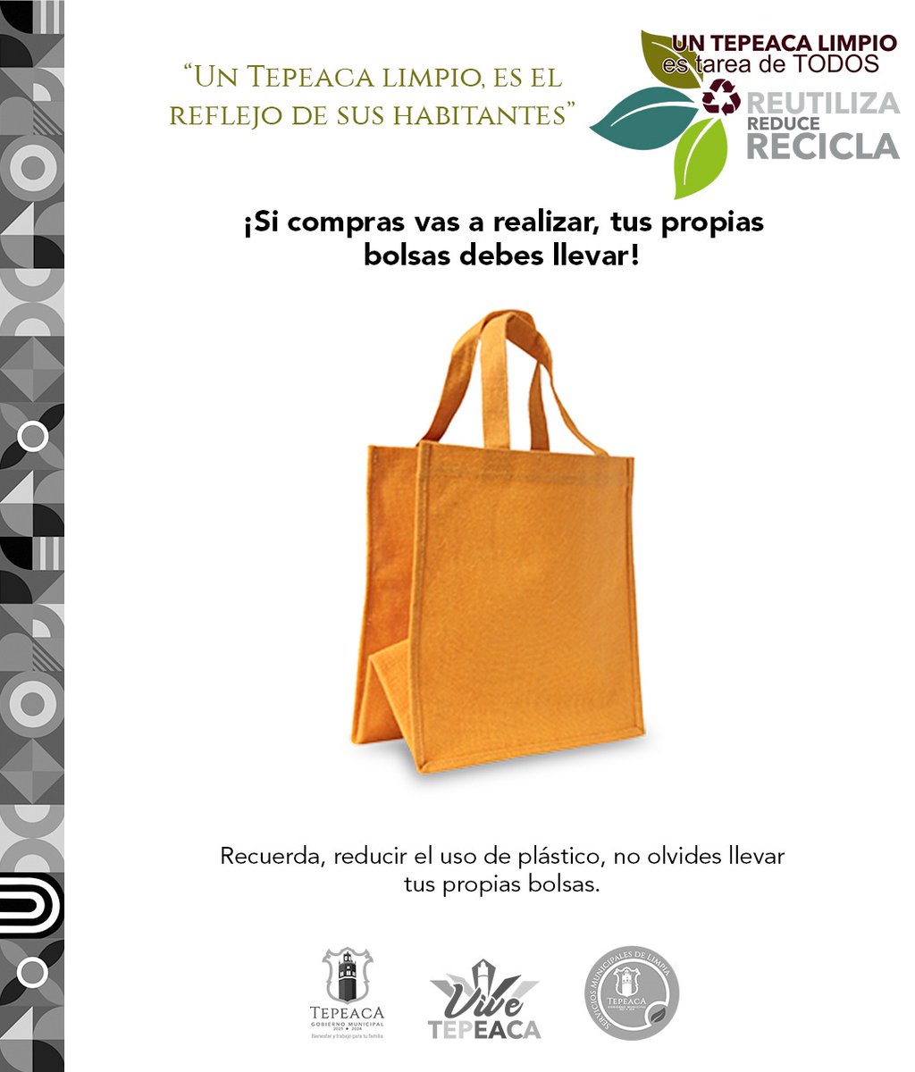 TepeacaAyto's tweet photo. #Informamos l En temas de salud y medio ambiente, te informamos e invitamos a llevar tu propia bolsa a la hora de realizar tus compras, así contribuirás a disminuir el uso de plástico, que muchas veces llega a los océanos, afectando la vida marina.

#Informacion #Plastico https://t.co/yuU3M8EbkW
