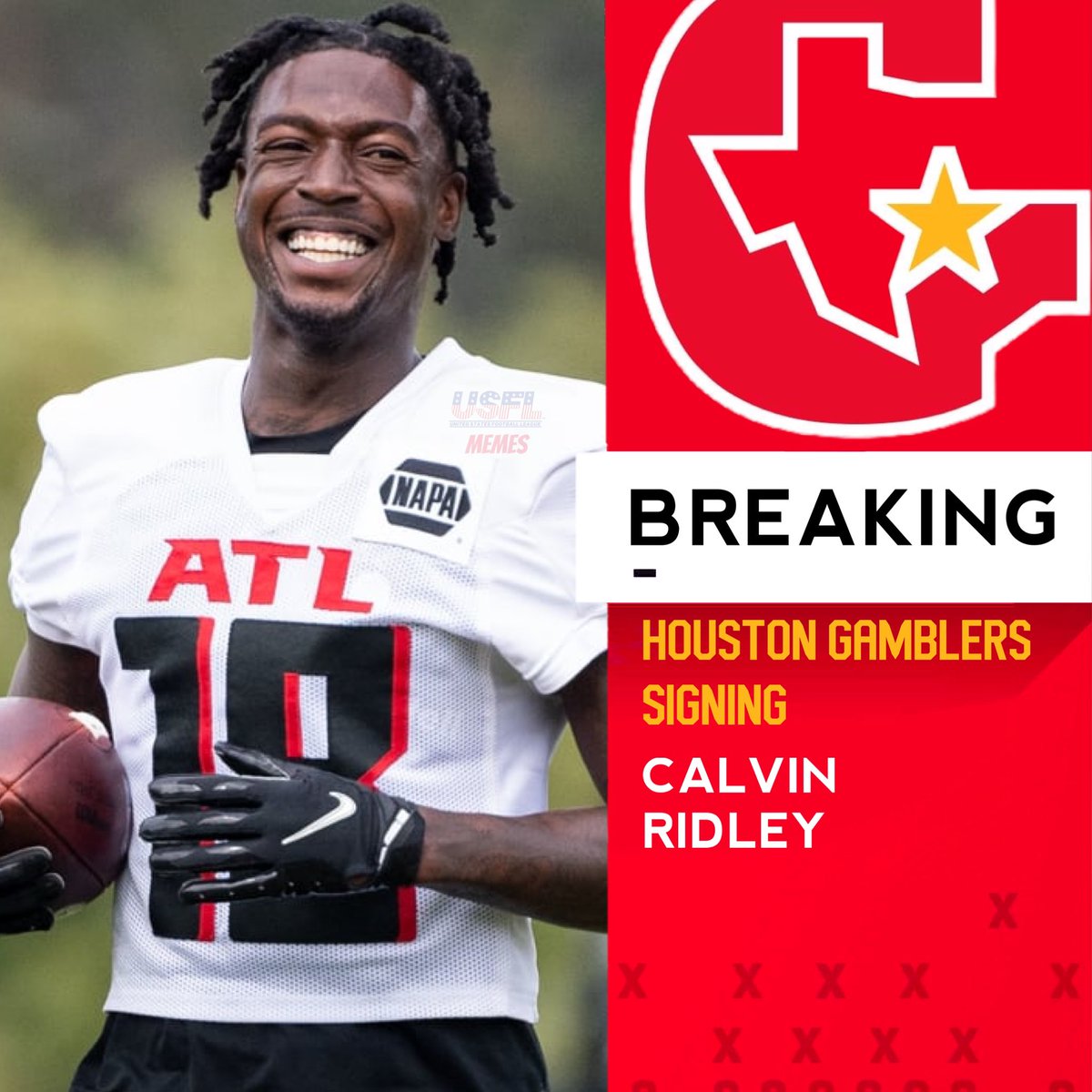 UFL_Memes's tweet photo. BREAKING: Houston Gamblers signing Calvin Ridley after the NFL suspended him for gambling. Perfect fit!
#NFL #USFL #Falcons #USFLGamblers #AllIn https://t.co/aEVxQPW8ef