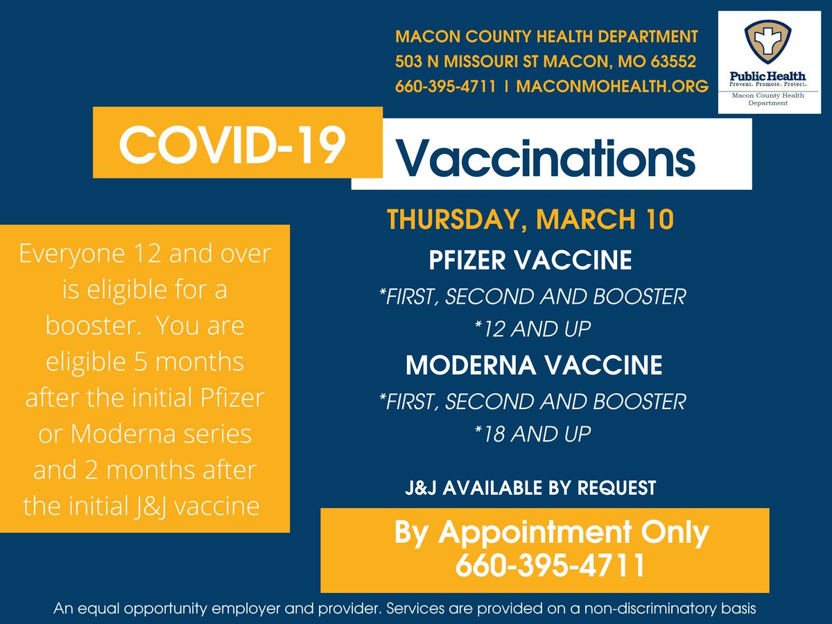 MaconHealthDept's tweet photo. The Macon County Health Department will be having Pfizer and Moderna COVID-19 vaccines available on Thursday, March 10th.  

We have J&amp;J available by request. 

Call for an appointment at 660-395-4711 or request an appointment online at https://t.co/Bh3ksKUuSc https://t.co/YX4wBeObFn