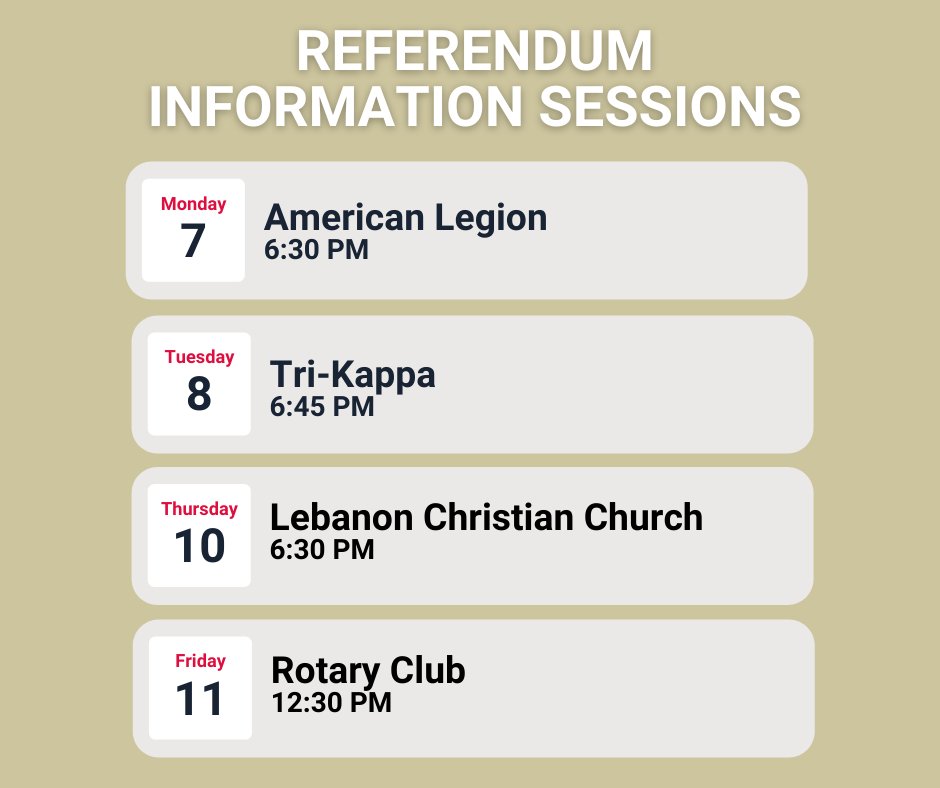 We'd love to see you this week at a Referendum Information Session! For the complete list, please visit: leb.k12.in.us/Page/1275