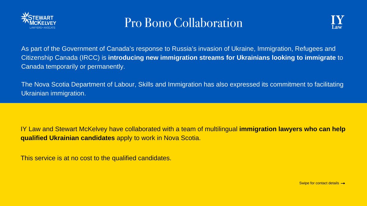 SM_Law's tweet photo. In response to Russia’s invasion of Ukraine, Stewart McKelvey &amp; IY Law have collaborated to offer pro bono immigration support for Ukrainian candidates immigrating to Canada. Click images for information &amp; contact details for lawyers (in English &amp; Ukrainian). https://t.co/iWy5MfnW4Q
