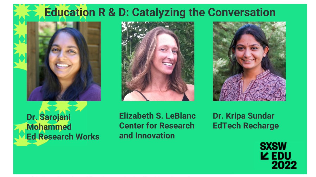 If you are in Austin for <a href="/SXSWEDU/">SXSW EDU</a> - run, don't walk, to catch this session facilitated by the mighty duo of Dr. Sarojani Mohammed of <a href="/EdResearchWorks/">Dr. Sarojani Mohammed</a> and <a href="/KripaSundar/">Dr. Kripa Sundar</a> from <a href="/EdtechRecharge/">EdTech Recharge</a> - bringing together #researchers, #developers, #teachers, and #leaders.