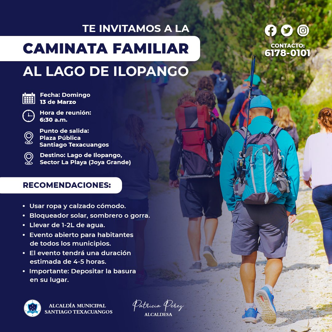 AlcaldiaStx's tweet photo. Te invitamos a que formes parte de nuestra caminata familiar al lago de Ilopango.😀

✅ Se contará con una estación de hidratación y con seguridad por parte de la Policía Nacional Civil.

⏰ Hora: 6:30 a.m.
📅 Fecha: Domingo 13 de marzo
📍  Punto de reunión: Plaza Pública https://t.co/BYJz7jBeO3