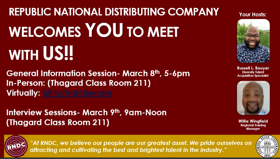 This is a great opportunity to learn about different career opportunities in the Food and Beverage Industry.  Please join us tomorrow to find out more information about the "Elevate" early career program with the Republic National Distributing Company.