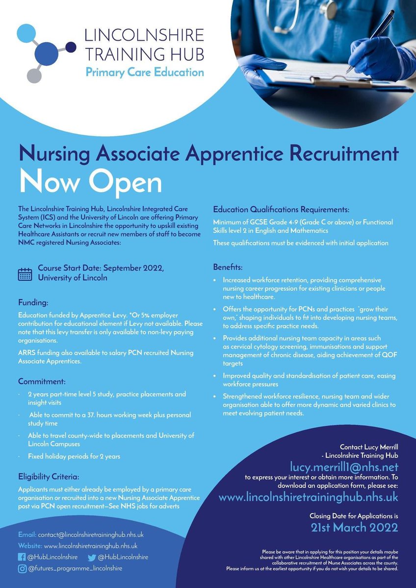 Nursing associate apprentices: September 2022 intake

Recruitment for the September 2022 intake of nursing associate apprentices (NAAs) is now open. 

To apply, please complete an application form on our website and return to lucy.merrill1@nhs.net by 21st March.