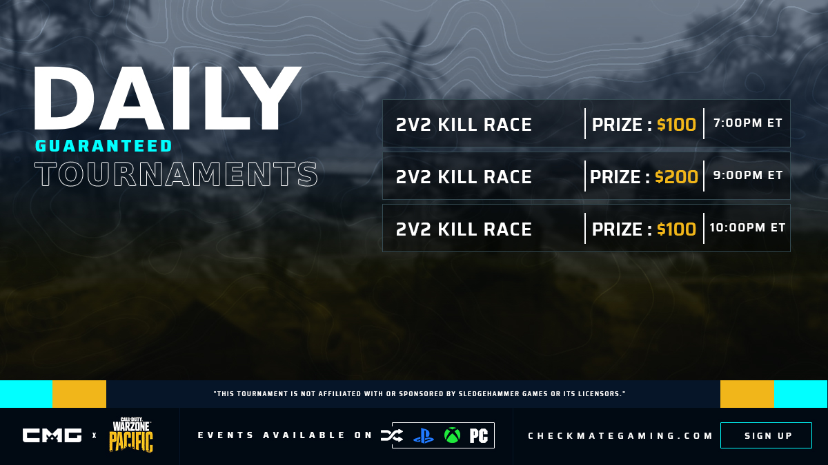 🏆 TODAY'S WARZONE GUARANTEED TOURNAMENTS!

💰 Over $400 in Guaranteed Prizes

Signup Here » checkmategaming.com/tournament/cro…

#CMG #CallofDuty #Warzone #Caldera #Tournaments