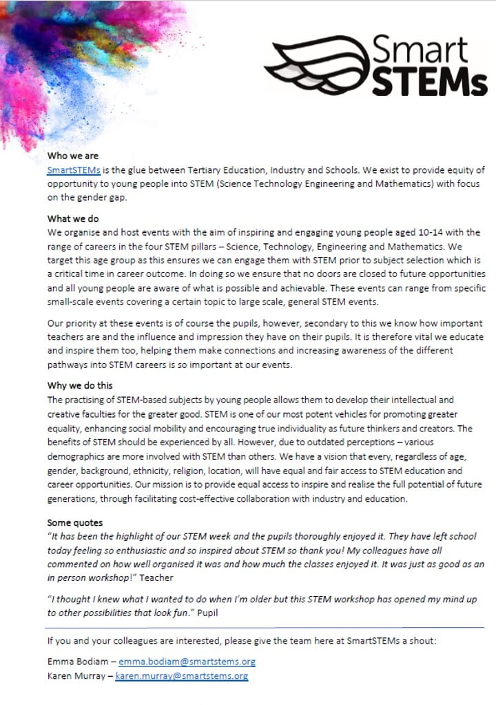 Paul Tyler 🔬🔭📡 (@glazgow) on Twitter photo Glasgow based charity <a href="/SmartSTEMs/">SmartSTEMs</a> are once again looking for schools to run their amazing interactive, virtual workshops in. If your primary, or secondary, school want a truly inspiring #STEM experience email the team and set a date.
#ASEchat #PrimaryRocks Glasgow based charity <a href="/SmartSTEMs/">SmartSTEMs</a> are once again looking for schools to run their amazing interactive, virtual workshops in. If your primary, or secondary, school want a truly inspiring #STEM experience email the team and set a date.
#ASEchat #PrimaryRocks