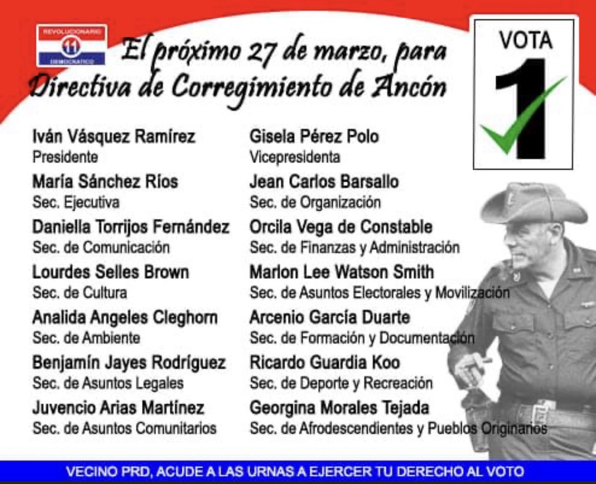 PRD de Ancón, recuerda tu cita el próximo domingo 27 de marzo, a tu centro de votación asignado, para que ejerzas tu derecho al voto, en las elecciones de escogencia de delegados al XI Congreso Extraordinario.
Para delegado y directiva: Vota 1