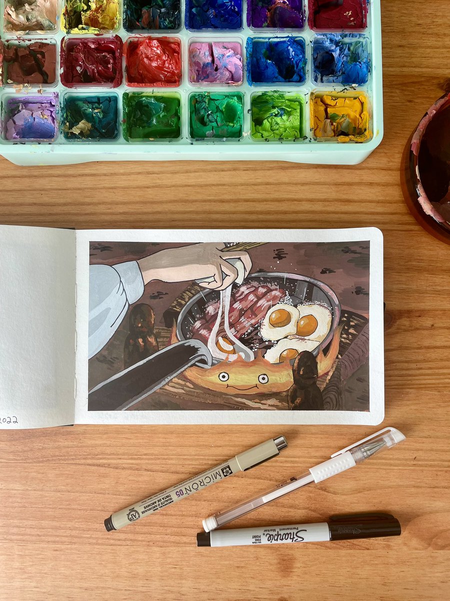 mary_chan7's tweet photo. Makes me want bacons and eggs when I come across this scene..🔥🔥

#howlsmovingcastle #calcifer #ghibli #ghiblistudio #gouache #gouachepainting #himi #himigouache #art #painting https://t.co/vnQqeQoR8m