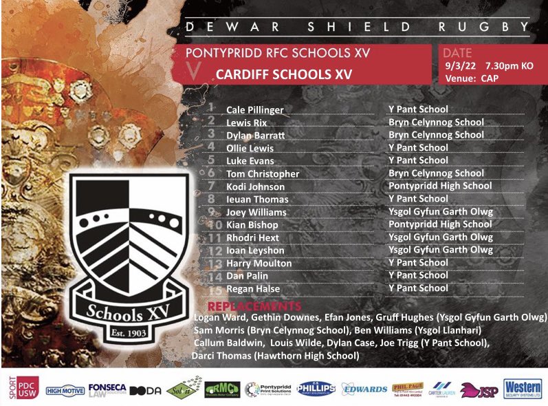 Here’s our Team for our Dewar Shield Game against <a href="/RygbiCaerdydd/">Ysgolion Caerdydd / Cardiff Schools Rugby</a> on Wednesday 7.30pm KO <a href="/ArmsParkCardiff/">Cardiff Arms Park</a> 💪🏉⚫️⚪️