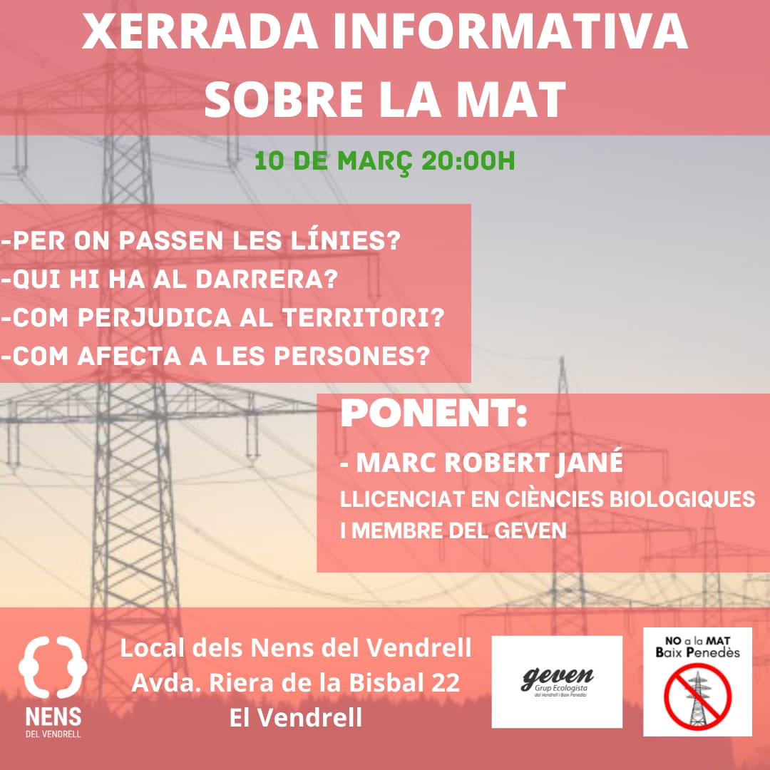 NLlorenc's tweet photo. Aquesta setmana tornem a dir NO a la MAT!!!
Veniu a les xerrades i engresqueu a tothom per fer al·legacions!
Dimecres a les 20h, a La Societat de @banyerespenedes  i Dijous a les 20h al local dels @nensdelvendrell 
No falteu!
#noalamat #noalamatbaixpenedes https://t.co/yauWLIymqg