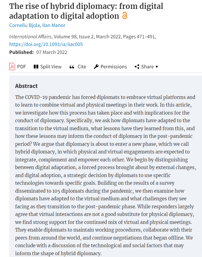 CBjola's tweet photo. Will #Zoom remain integral to diplomacy once the pandemic ends? In a new article just published by @IAJournal_CH,  I argue together with @Ilan_Manor that the future of diplomacy will be #Hybrid https://t.co/ov3PtXHN8v https://t.co/PqRJlIrk3K