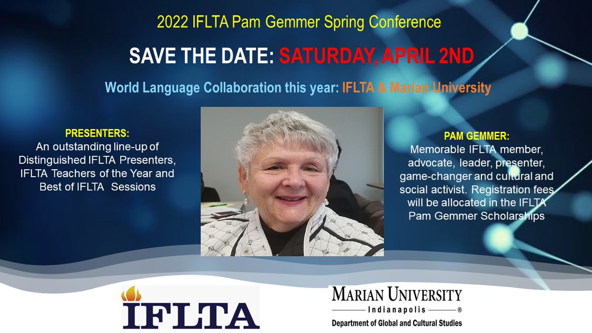 We are IN! SAVE THE DATE! 2022 IFLTA Pam Gemmer Spring Conference: 4/2 <a href="/MarianUniv/">Marian University</a> <a href="/Guanlaoshihao/">Guan Chunmei</a> <a href="/iflta/">IFLTA</a> <a href="/NicoleNLeach/">Nicole Leach</a> <a href="/VesnaVdimitri/">Vesna Dimitrieska</a> <a href="/EducateIN/">Indiana Department of Education (IDOE)</a> <a href="/INLangRoadmap/">Indiana Language Roadmap</a> <a href="/PurdueLanguages/">Purdue Languages</a> <a href="/BallStateMLC/">Modern Languages and Classics</a> <a href="/SusanTomlinso11/">Susan Tomlinson</a> <a href="/hamiltonlugar/">Hamilton Lugar School at Indiana University</a> <a href="/IU_GlobalCenter/">Global Center at IU</a> <a href="/globaledindiana/">Jill Woerner</a> <a href="/tomalsop2011/">Tom Alsop</a> #langchat