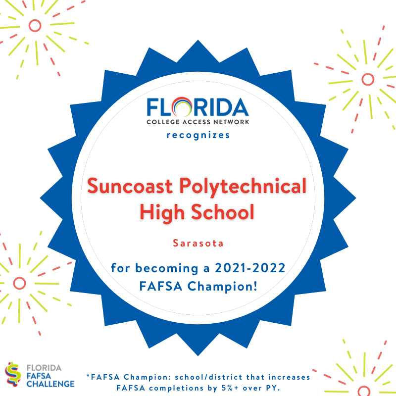 Congratulations to Suncoast Polytechnical High School for increasing their FAFSA completion by at least 5% compared to last year and becoming a FAFSA Champion! <a href="/sarasotaschools/">Sarasota Schools</a> <a href="/PLANitSarasota/">PLANitSarasota</a>