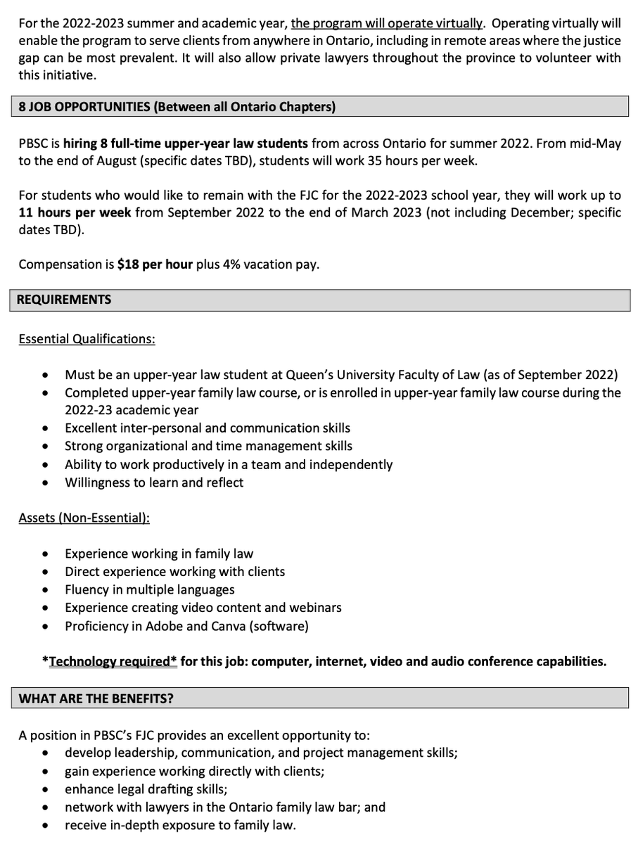 PBSCQueens's tweet photo. @PBSC_EPBC is recruiting 8 full-time upper-year summer students for the Family Justice Centre. Successful candidates can remain with the FJC on a part-time basis throughout the school year. PBSC is recruiting across Ontario. Apps are due by Mar 23. See attached for more info! https://t.co/db4MfeFqqB