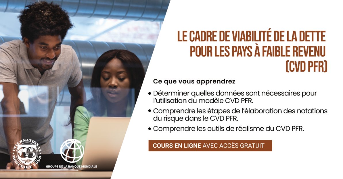 imfcapdev's tweet image. Notre nouveau cours en ligne qui débute le 24 mars donne un aperçu du cadre de viabilité de la dette de la @Banquemondiale et du FMI pour les pays à faible revenu.

Cours pour les agents publics: imf.org/fr/Capacity-De…

Cours ouvert à tous: edx.org/course/cadre-d…