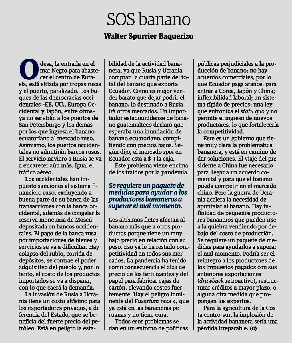 Una prueba más. Cuando la pandemia parecía estar superada, y con ello la esperanza de días mejores para la economía, ahora los efectos del conflicto bélico lucen como una amenaza grave para nuestro sector 🍌🍌🇪🇨🇪🇨.

Una vez más, con la confianza en Dios, afrontaremos este reto.