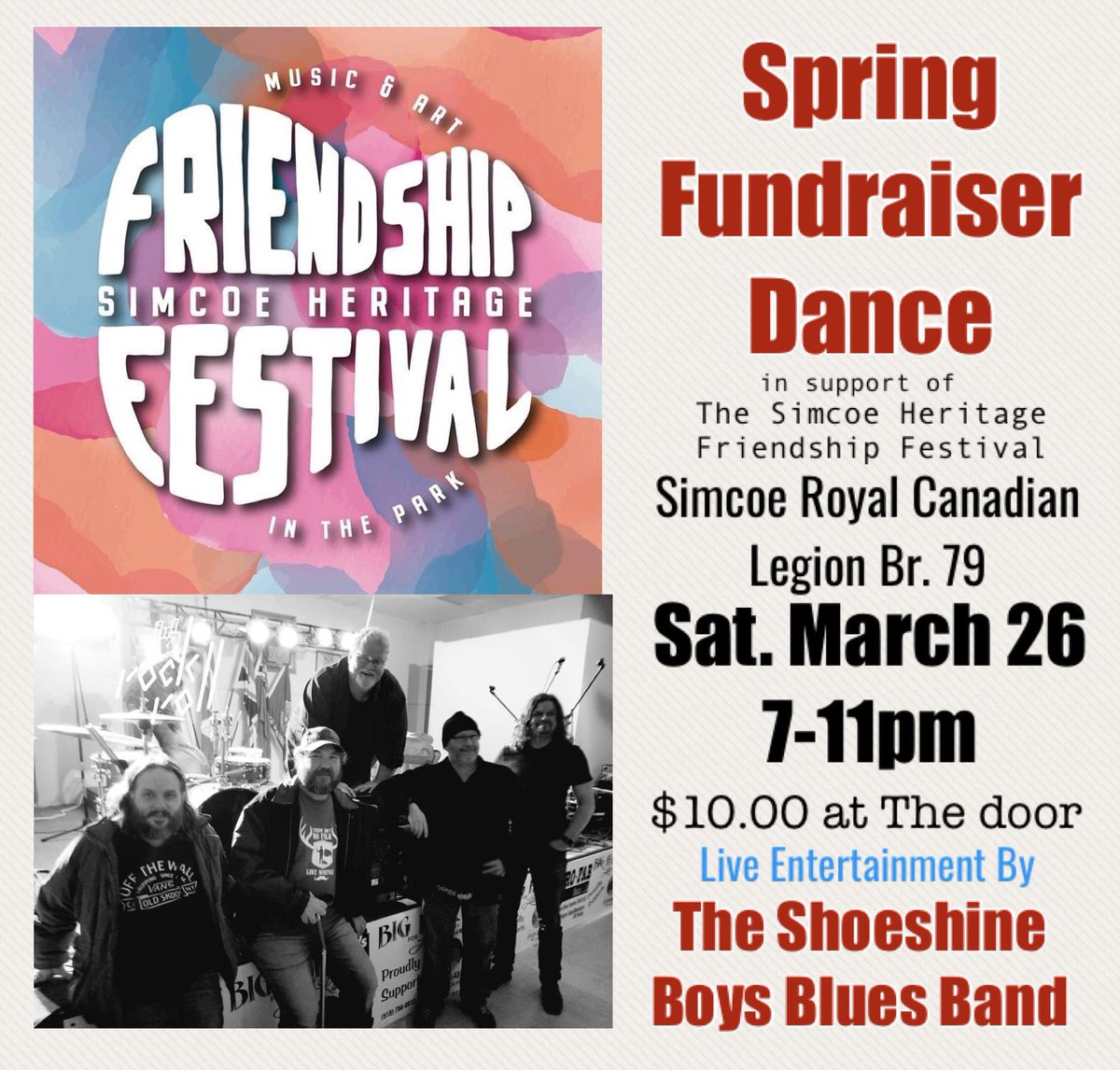 Mark the date on your calendars and get your dancin’ shoes ready! 💃 🕺 Norfolk County’s own Shoeshine Boys are gonna tear it up at The Simcoe Legion (200 West St., Simcoe) on Sat. Mar. 26, in support of The <a href="/friendshipfest/">SimcoeFriendshipFest</a>.ca ! 

7-11pm-$10.00 @ the Door!

#FriendshipFest2022