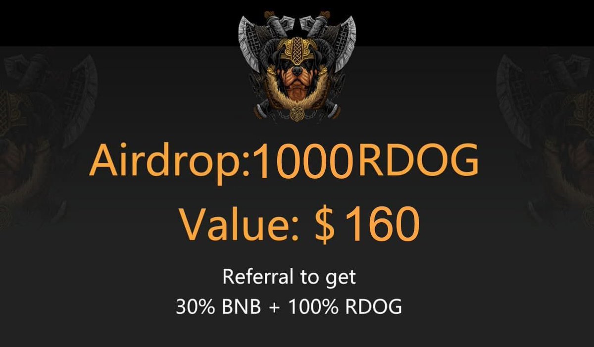 New Super Airdrop-RDOG (Instant Claim)
🌐BSC network
🎁Reward- 1000 RDOG (160$)
🎎Referral Reward- 300 RDOG
👉Website: rottweilar.com
Airdrop Link: t.me/airdropelite22…

📖 Step-by-step guide:
🔹Join Telegram Group
🔹Subscribe Telegram Channel 
🔹Complete bot tasks