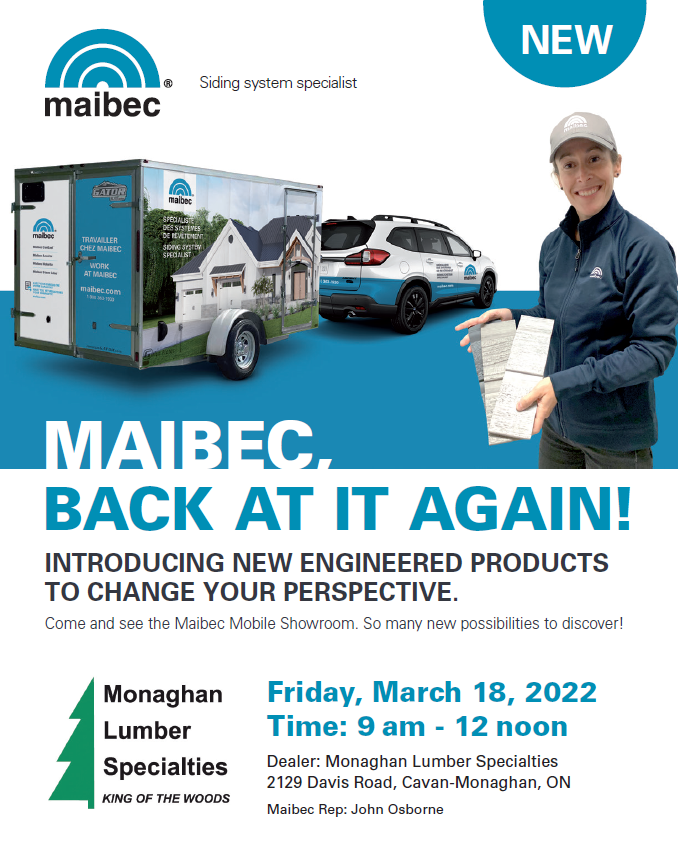 monaghanlumber's tweet photo. The Mobile Maibec Showroom is coming to Monaghan Lumber! On Friday March 18th come check out Maibec's newest product innovations and their traditional Canadian Made wood siding 🇨🇦
#kingofthewoods 🌳👑🌲
#woodsiding
#maibec https://t.co/LWs3fokFzl