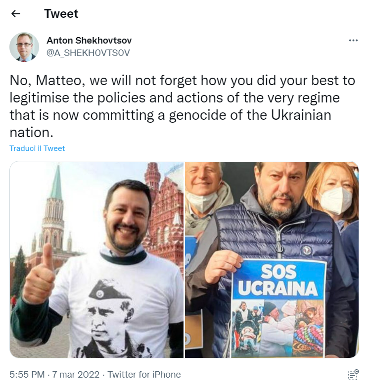 Iperbole_'s tweet photo. Uno dei più noti politologi e scrittori ucraini, Anton Shekhovtsov, respinge la ripugnante propaganda salviniana: "No Matteo, non dimentichiamo che hai legittimato le politiche e le azioni dello stesso regime che sta commettendo un genocidio in Ucraina". 

Niente da aggiungere. https://t.co/3xqxZyOScX