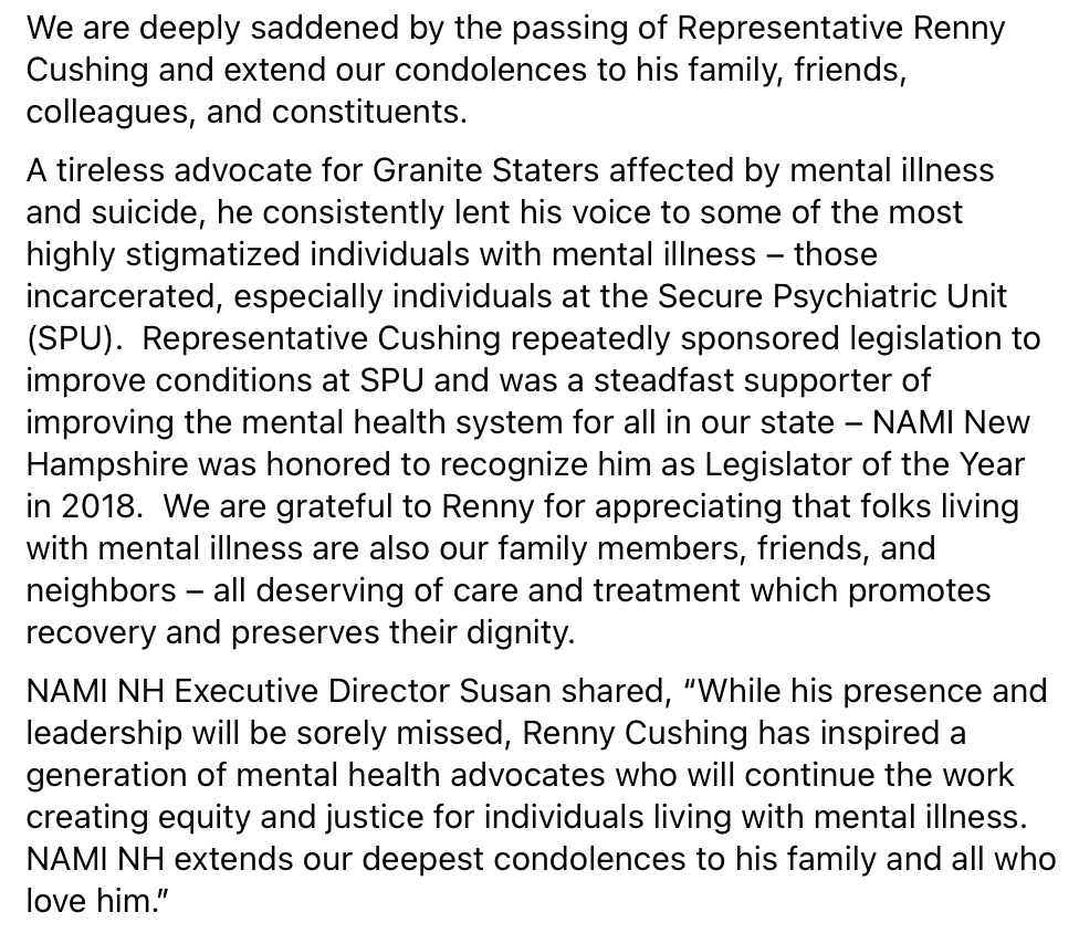 NAMI_NH's tweet photo. While his presence &amp; leadership will be sorely missed, Renny inspired a generation of mental health advocates who will continue the work creating equity &amp; justice for individuals living w/ mental illness.  NAMI NH extends our deepest condolences to his family &amp; all who love him. https://t.co/4WkigKqIlv