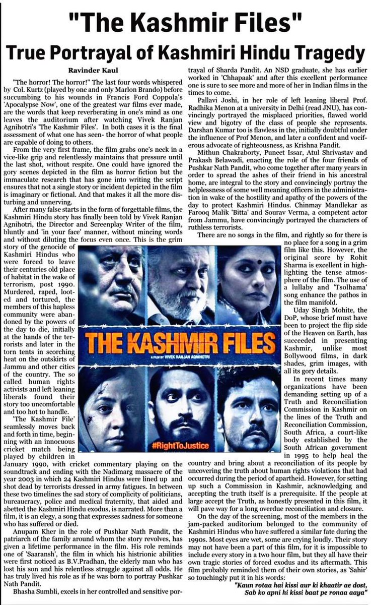 vivekagnihotri's tweet photo. GM. 
Here is the first Indian review of #TheKashmirFiles from Jammu &amp; Kashmir. 
#RightToJustice https://t.co/826x3XUtbZ