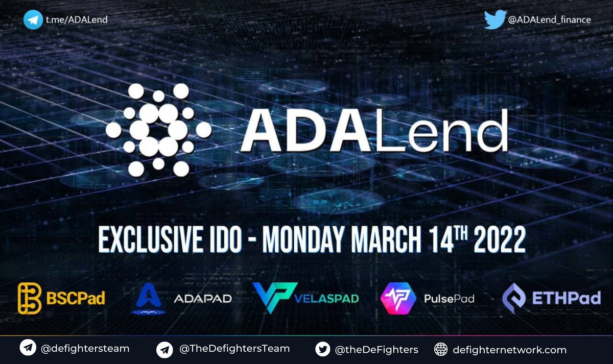 DFNetwork99's tweet photo. 🚀 #ADALend launch date announcement
🚀 Launching on: #bscpad #VelasPad #PulsePad
#ethpad 

🗓 IDO Date: March 14th
💰 Initial market-cap: $451,125
👉Whitelist https://t.co/C6Otm5YE5t👈 https://t.co/K8o8t0abRA