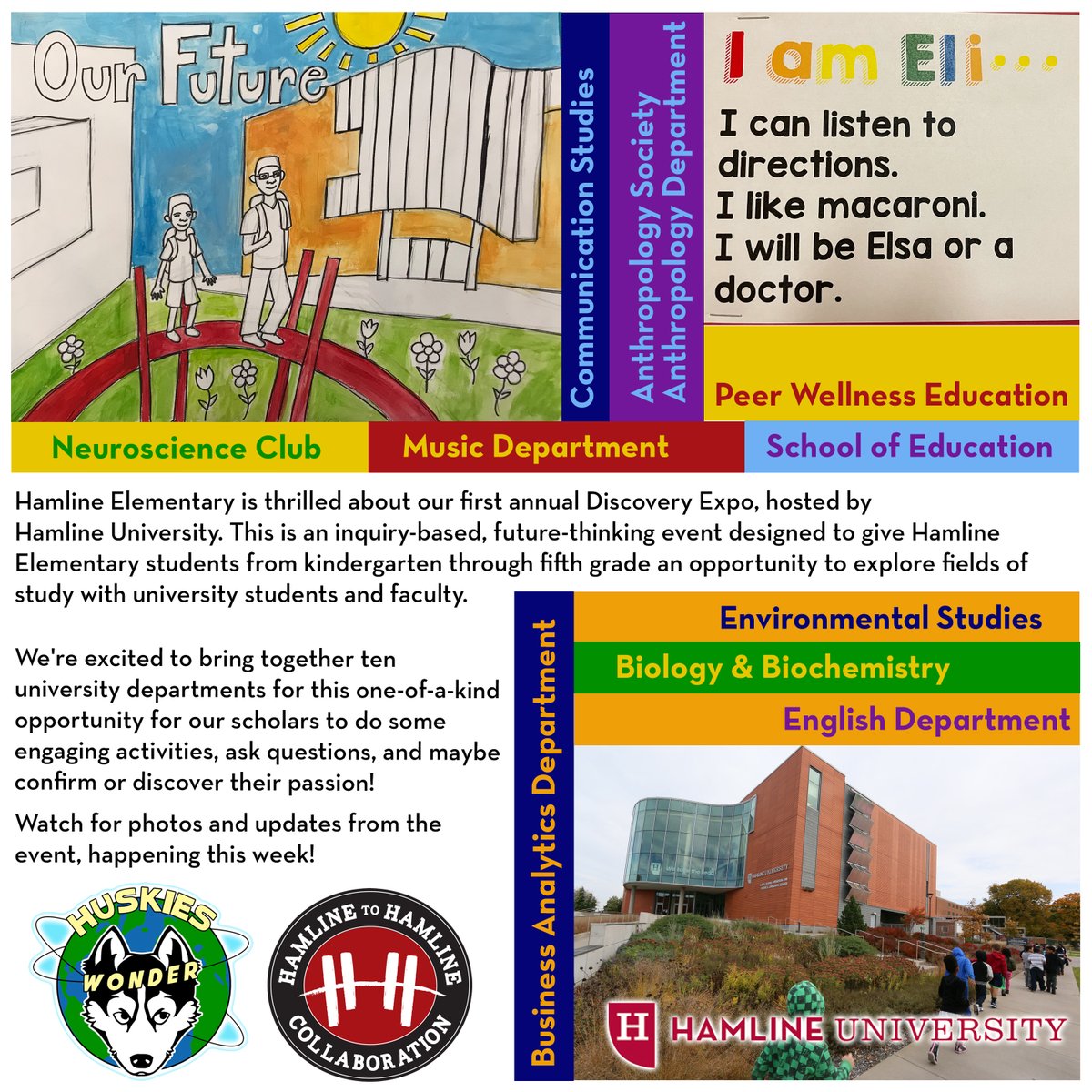 HamlineElem's tweet photo. We are so excited about our 1st Discovery Expo! This is an inquiry-based event designed to give our K-5 scholars an opportunity to explore fields of study with @HamlineU students &amp; faculty. Thanks to our School Counselor, Miss Annette for organizing! @SppsCounselors @SPPS_News https://t.co/W9nZHCgkdr