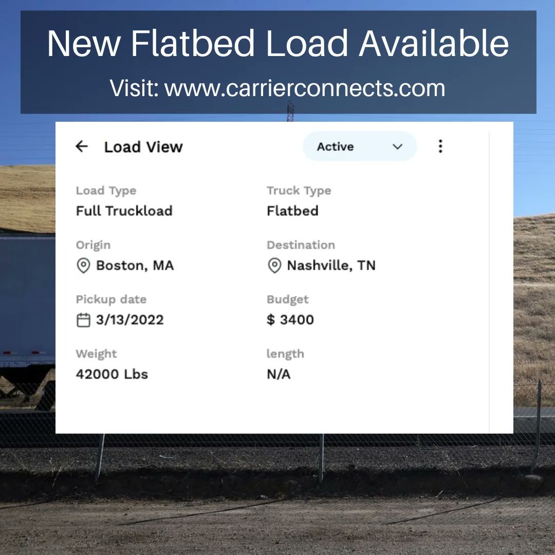 Urgent Quote Request
Truck Type: Flatbed
Pick Up Date: 3/13/2022
Origin: Boston, MA
Destination: Nashville, TN
For more info: buff.ly/35VDB2G #logistics #transport #transportation #shipping #trucking #supplychain #freight #logisticscompany #truck #carrierconnects
