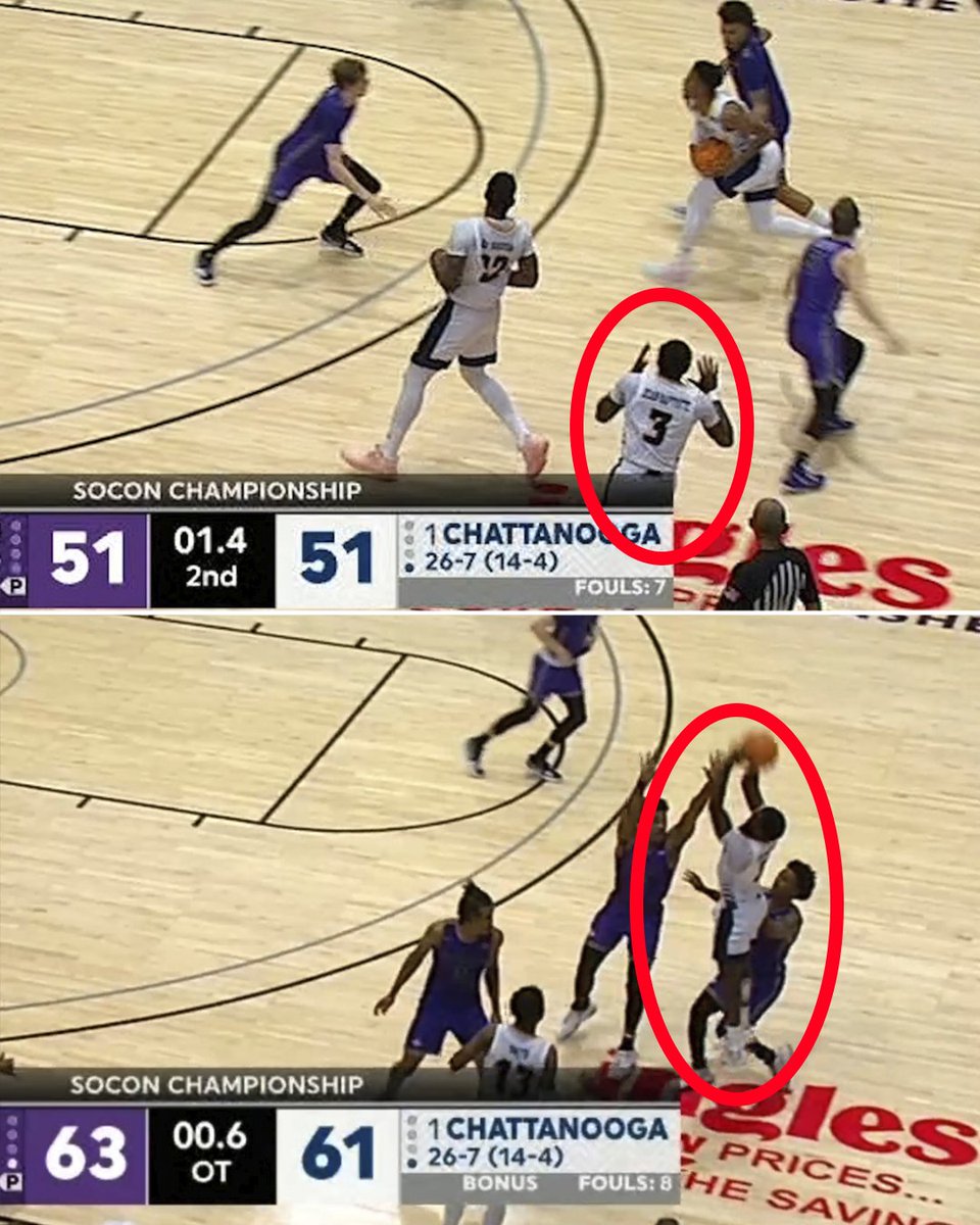 At the end of regulation with the score tied, David Jean-Baptiste was calling for the ball but didn't get it.

At the end of OT, he took matters into his own hands and hit from that SAME EXACT SPOT to send Chattanooga dancing 😳