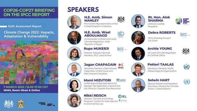 Great discussion today on <a href="/IPCC_CH/">IPCC</a> WGII #ClimateReport on impacts, adaptation &amp; vulnerability

#IPCC report shows science &amp; solutions

#UNFCCC #ParisAgreement #GlasgowClimatePact provide direction

❇️Coherent inclusive action needed now

🙏 <a href="/IPCC_CH/">IPCC</a> @Cop27P <a href="/UKMissionGeneva/">UK Mission Geneva 🇬🇧</a> <a href="/WMO/">World Meteorological Organization</a>