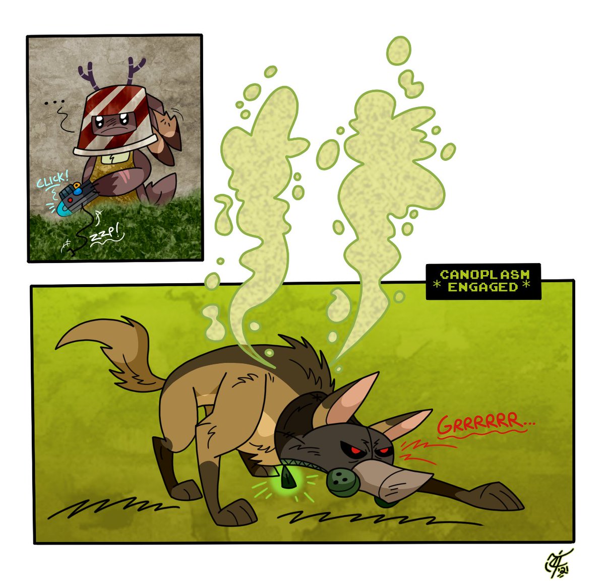 kriegshund_13's tweet photo. A day late with this one (sorry!), but we get a glimpse at one of Fritz's unique abilities: canoplasm manipulation.
What's that exactly? Tune in next time to find out 🐾☢️💚💥🤔😉 #FR1T2 #kriegshund #jackalope #canoplasm #actionpose #splashpanel #chienergy #angrydoggo #webcomic https://t.co/Uy936WwKUA