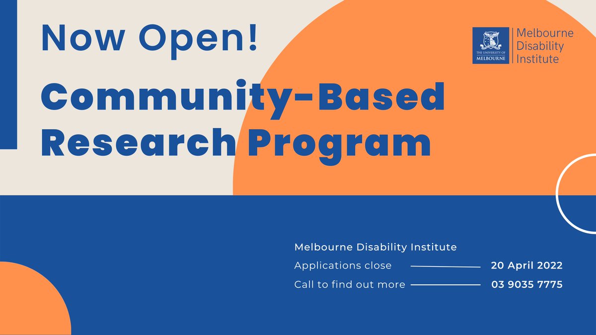 MDI's Community-Based Research Program is now open! The program connects UoM researchers with your community disability organisation. See for details. #disabilityled disability.unimelb.edu.au/home/funding/c…