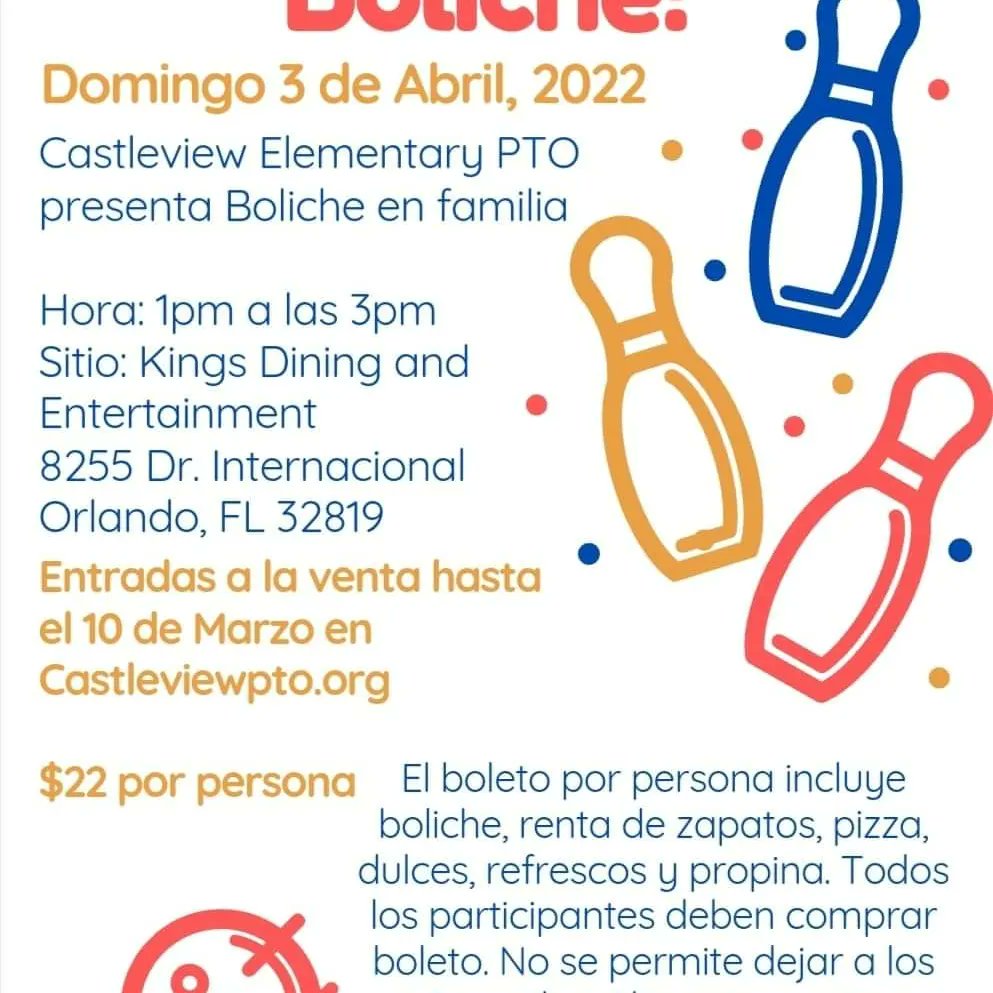 🚨🚨Monday reminders🚨🚨

Family bowling tickets are on sale now at Castleviewpto.org 
Ticket sales end this Thursday before Spring break

We also have a virtual PTO meeting tomorrow at 6:30pm. 

    Please click this URL to join. disney.zoom.us/j/96601345941?… 
  Passcode: 823331