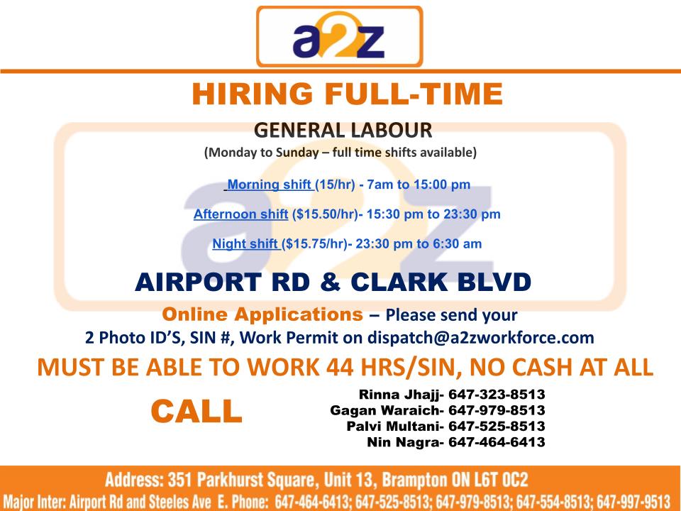 a2z_workforce's tweet photo. Now Hiring Full Time GL Associates
ALL shifts available, AM, PM and NIGHT.
Register today and start work tomorrow.
Come meet one of our Recruiters at A2Z Workforce at 351 Parkhurst Sq Unit 13, in Brampton. https://t.co/Azo1o2qqVC