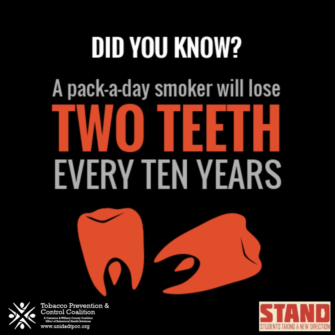 BHSST's tweet photo. Facts with TPCC
#DYK A pack-a-day smoker will loose TWO Teeth every ten years? 🦷🦷
TPCC has FREE resources available for you or a loved one to start tobacco cessation. Contact Marcus Puente at mpuente@bhsst.org or check out https://t.co/QjaK4g1lYX to get started.
#BHSST #TPCC https://t.co/VCHxbtjWdC