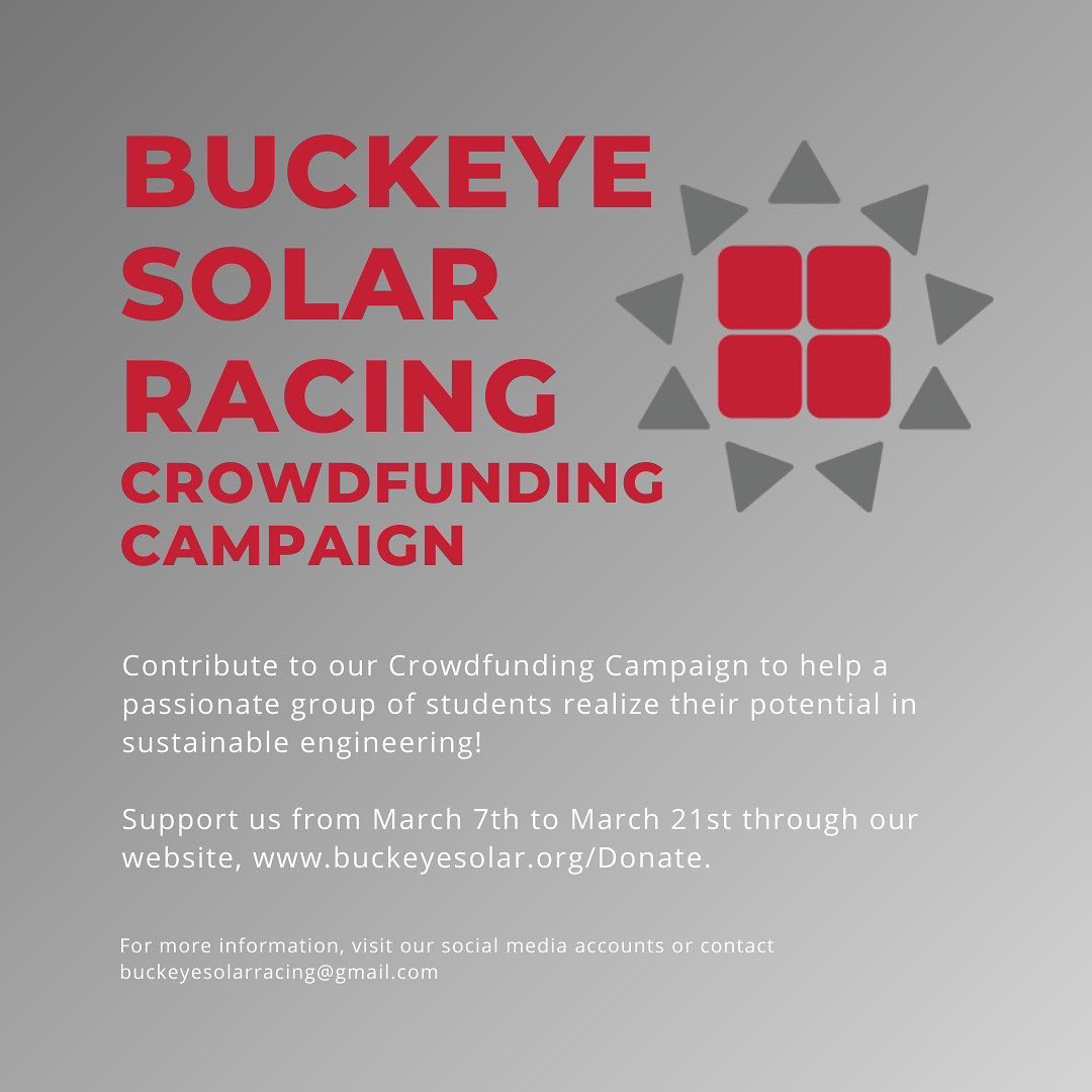 BuckeyeSolar's tweet photo. Today is the first day to donate to our Crowdfunding Campaign!
Make your contribution by visiting https://t.co/1Bp1k4vZJZ or through Venmo, @buckeyesolarracing https://t.co/ojH47Ap5fZ