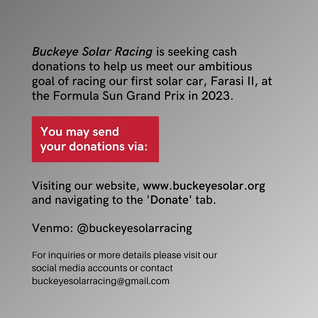 BuckeyeSolar's tweet photo. Today is the first day to donate to our Crowdfunding Campaign!
Make your contribution by visiting https://t.co/1Bp1k4vZJZ or through Venmo, @buckeyesolarracing https://t.co/ojH47Ap5fZ