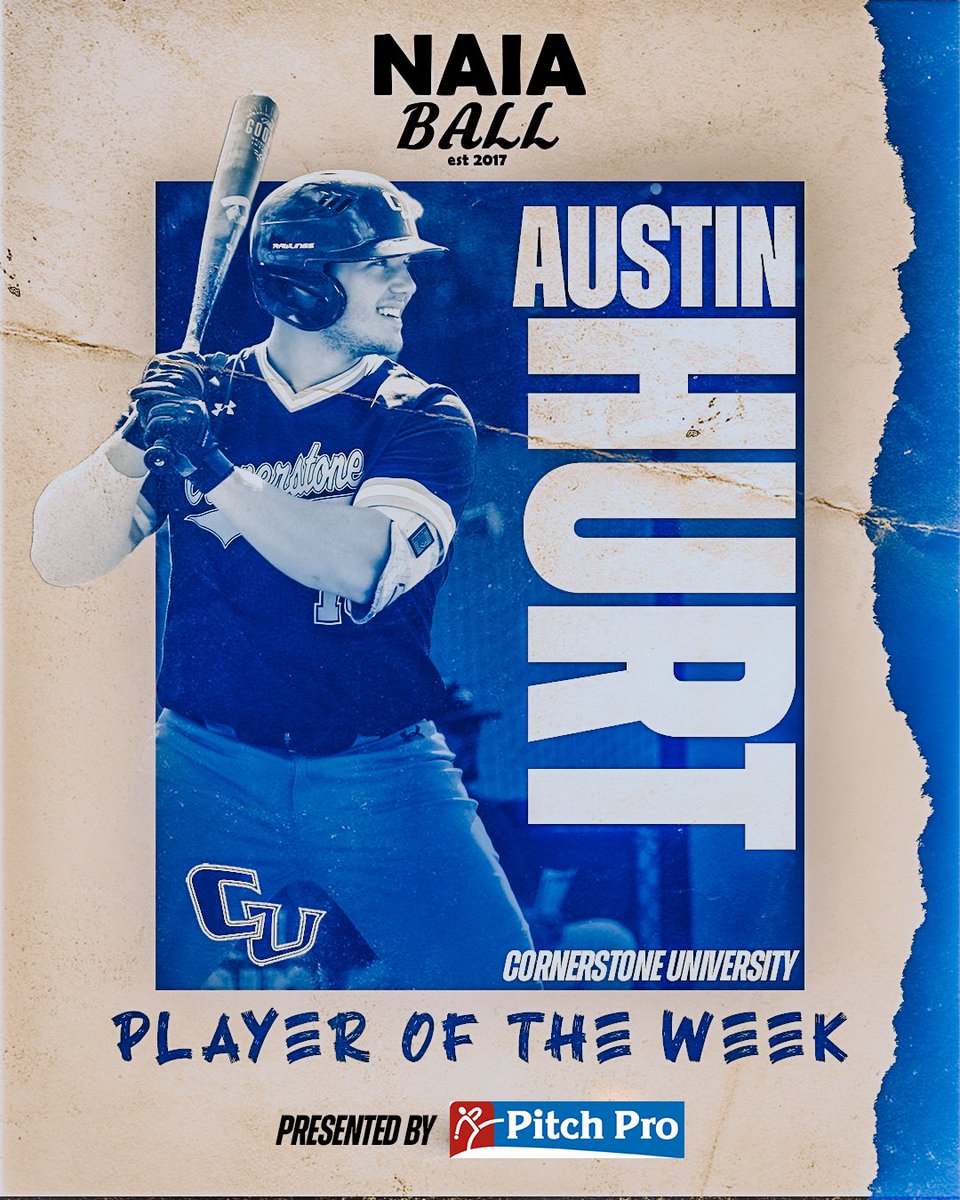 The NAIA Ball Player of the Week presented by @AeroformAthltic is Cornerstone 3B Austin Hurt 

Hurt absolutely WENT OFF this week with 8 HR &amp; 20 RBIs over a span of four days. Finished 8-8 in a DH on Wednesday and hit 3 HRs in a game on Friday

Line: 15-23, 2 2B, 3B, 8 HR, 20 RBI